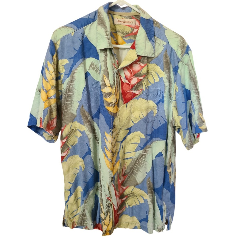 Tommy Bahama Shirt Men's Size Medium 100% Silk Short Sleeve Hawaiian Palm Leaf